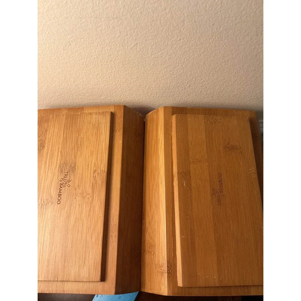 Tru Bamboo 4 Piece Serving Set Black Ceramic Divided Trays with Bamboo Bases